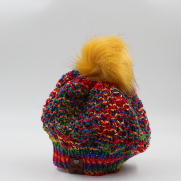 Handmade Hand Knit Double Moss Stitch Multicolur Acrylic Beanie Yellow Pom Pom - Picture 3 of 4